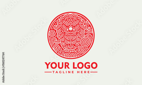 Red ornate lion head design in circular frame vector suitable for logos, tshirts, tattoos, and decorative artwork with a regal touch. photo