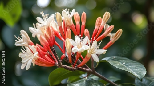 Coral tree blooming with vibrant white and red flowers in lush summer greenery natural background photo