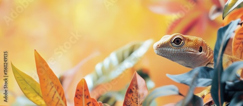 Reptiles among vibrant foliage in a lush landscape offering plenty of blank space for creative text overlay. photo