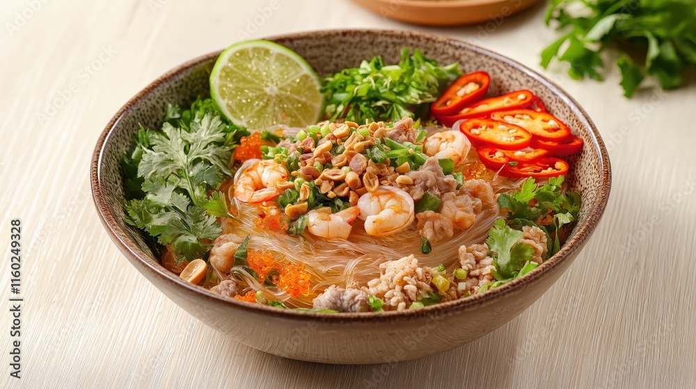 A vibrant bowl of soup with shrimp, vegetables, herbs, and lime, garnished with chili slices, showcasing a fresh and delicious meal. A vibrant bowl of soup with shrimp, vegetables, herbs, and lime, garnished with chili slices, showcasing a fresh and delicious meal.