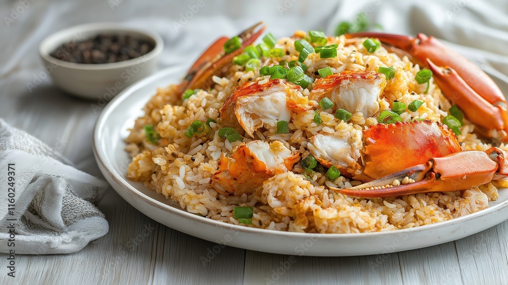 A plate of flavorful fried rice topped with succulent crab and garnished with green onions, served with a side of dark sauce. A plate of flavorful fried rice topped with succulent crab and garnished with green onions, served with a side of dark sauce.
