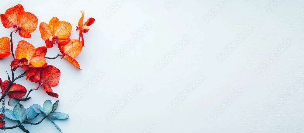 Fototapeta premium Vibrant orange and blue orchid flowers arranged on a white background with ample space for text and design elements