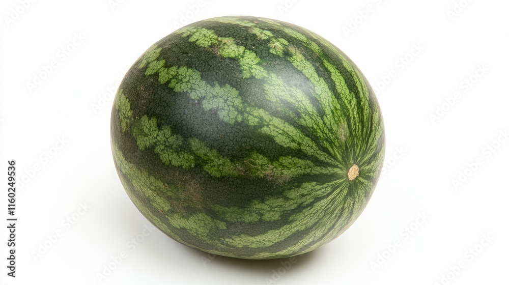 Fresh Watermelon Displayed on a White Background Showcasing Its Vibrant Green Stripes and Smooth Surface in a Top View Flat Lay Arrangement Fresh Watermelon Displayed on a White Background Showcasing Its Vibrant Green Stripes and Smooth Surface in a Top View Flat Lay Arrangement