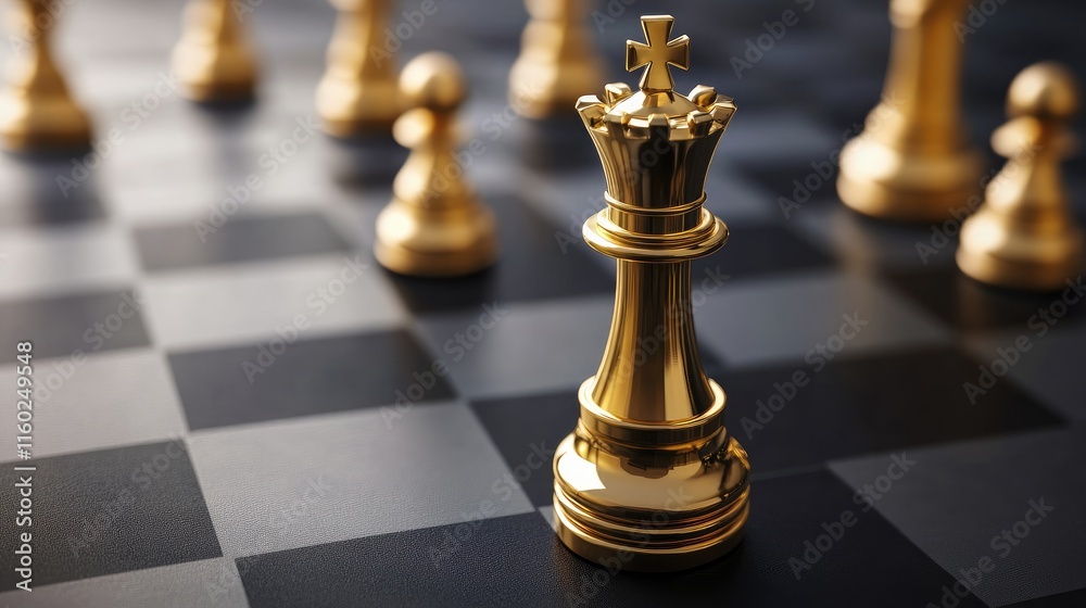 Golden chess king on a black and white chessboard symbolizing strategic leadership and innovative business ideas for success and achievement. Golden chess king on a black and white chessboard symbolizing strategic leadership and innovative business ideas for success and achievement.