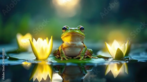 Swamp frog perched on vibrant lily pads with glowing blossoms in a serene wetland environment during golden hour. photo