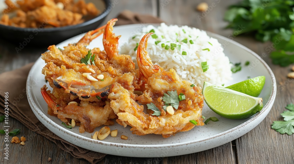 Crispy fried shrimp served with rice, garnished with lime and herbs, showcasing a delicious seafood dish on a rustic table. Crispy fried shrimp served with rice, garnished with lime and herbs, showcasing a delicious seafood dish on a rustic table.