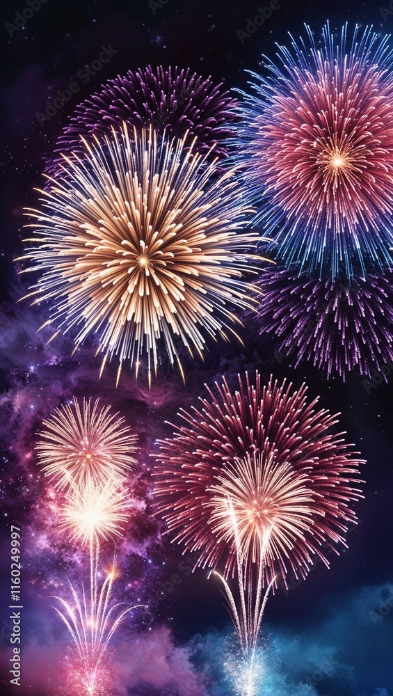 Creating a magical sparkling galaxy effect using multicolor aerial fireworks bursting like stars Creating a magical sparkling galaxy effect using multicolor aerial fireworks bursting like stars