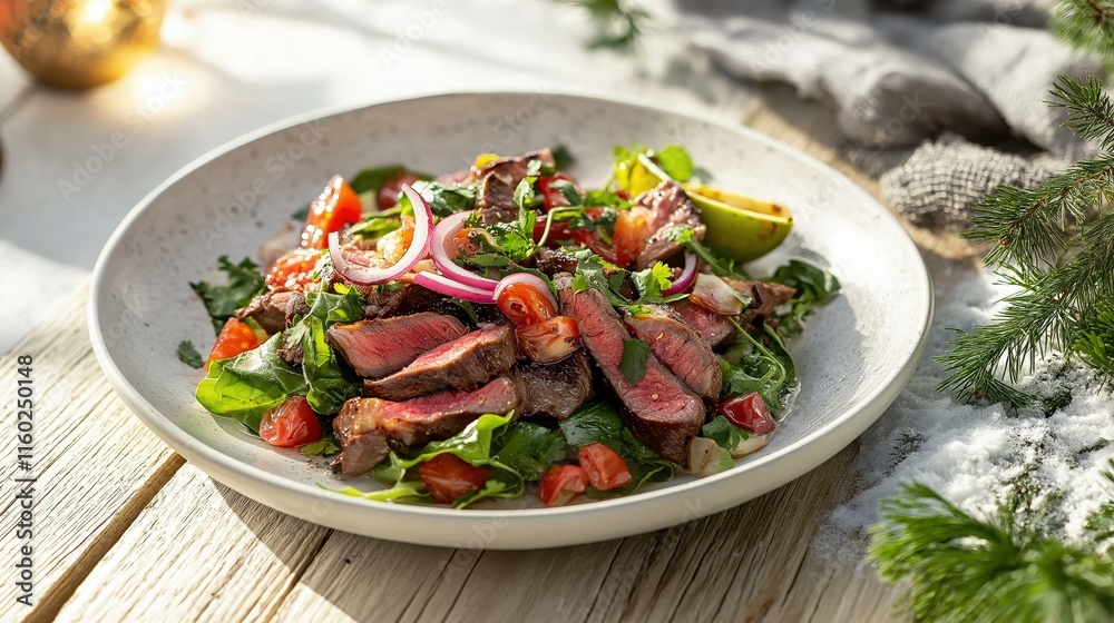 A vibrant salad featuring tender steak, fresh greens, and colorful vegetables, creating a healthy and appetizing dish. A vibrant salad featuring tender steak, fresh greens, and colorful vegetables, creating a healthy and appetizing dish.