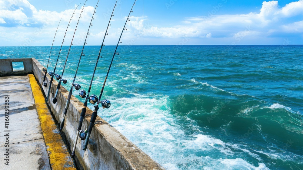 A vibrant sea fishing scene on a peaceful pier, Fishing rods set against ocean waves, Coastal charm style