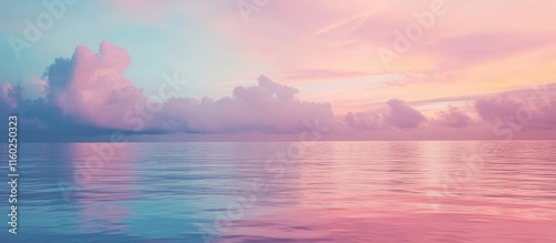 Fototapeta Naklejka Na Ścianę i Meble -  Serene Caribbean beach at sunrise with pastel colors and calm water minimalist coastal view ideal for text overlay and branding