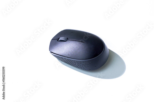 A black computer mouse isolated on a clean white background, perfect for technology and workspace themes photo