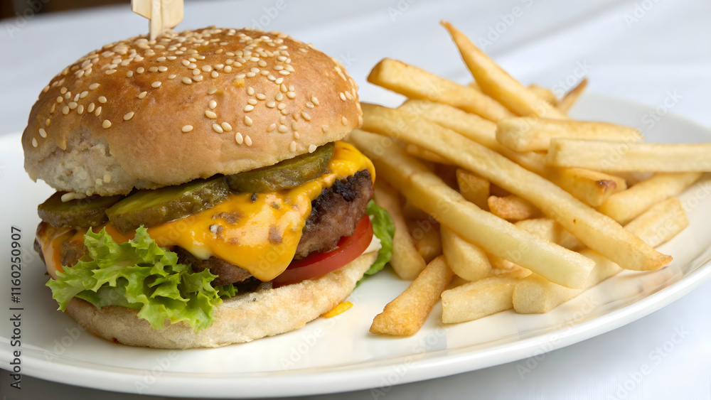 Delicious Cheeseburger and French Fries on a White Plate Delicious Cheeseburger and French Fries on a White Plate