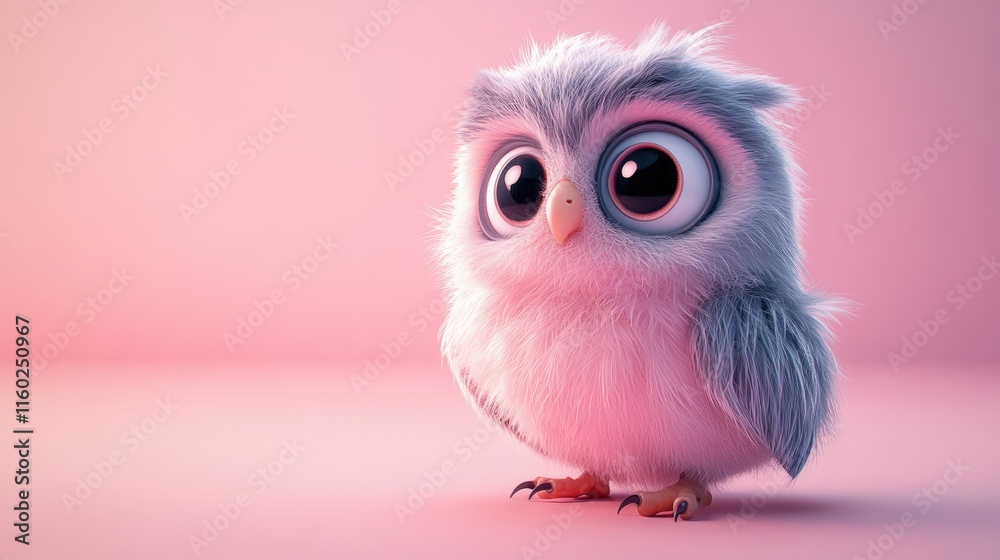 Fototapeta premium Cute Cartoon Owl on Pink Background