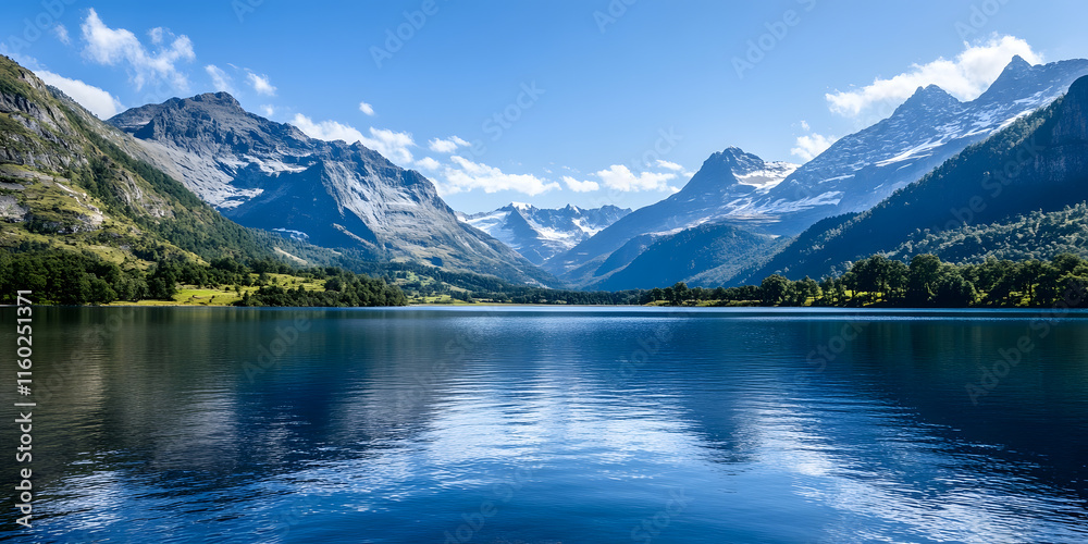 Scenic Panorama of Alpine Mountains and Crystal Clear Lake on a Sunny Day : Generative AI Scenic Panorama of Alpine Mountains and Crystal Clear Lake on a Sunny Day : Generative AI