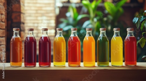 Colorful selection of fresh fruit juices in glass bottles arranged on a wooden surface with greenery in the background photo