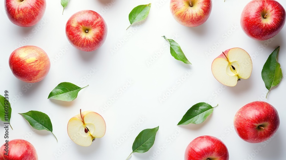 Naklejka premium Fresh Red Apples with Green Leaves and Sliced Halves Arranged on White Background for Healthy Eating Concept