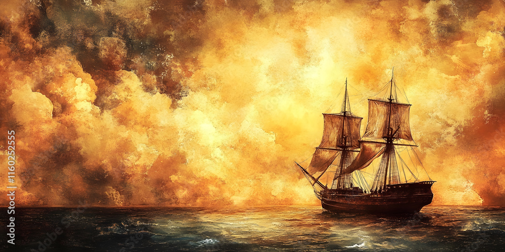 Obraz premium Historic Ship Sailing Through Dramatic Stormy Seas At Sunset : Generative AI
