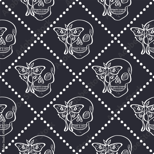 Seamless pattern with hand drawn black and white human skulls and luna moths inside trellis. Halloween monochrome repeat background. Day of dead wrapping design.