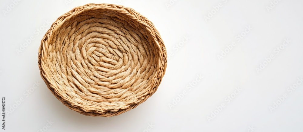 Circular wicker basket showcasing intricate texture on a white background with ample space for text or design elements. Circular wicker basket showcasing intricate texture on a white background with ample space for text or design elements.