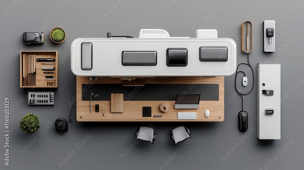 A modern RV blueprint with a convertible workspace and builtin charging stations A modern RV blueprint with a convertible workspace and builtin charging stations