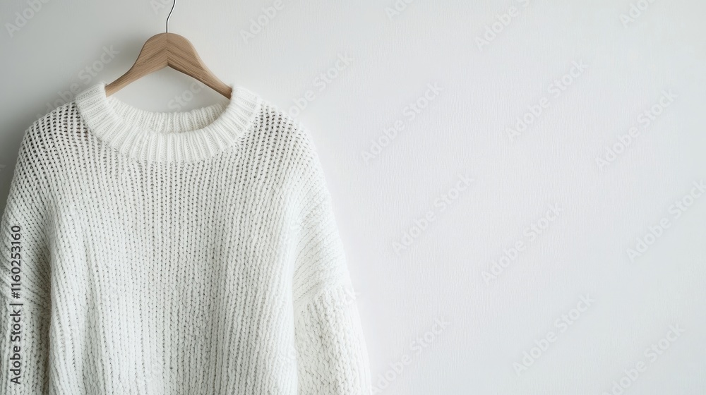 Elegant White Sweater on Hanger Showcasing Modern Minimalist Fashion Design for Womenâ€™s Leisurewear Against Clean White Background