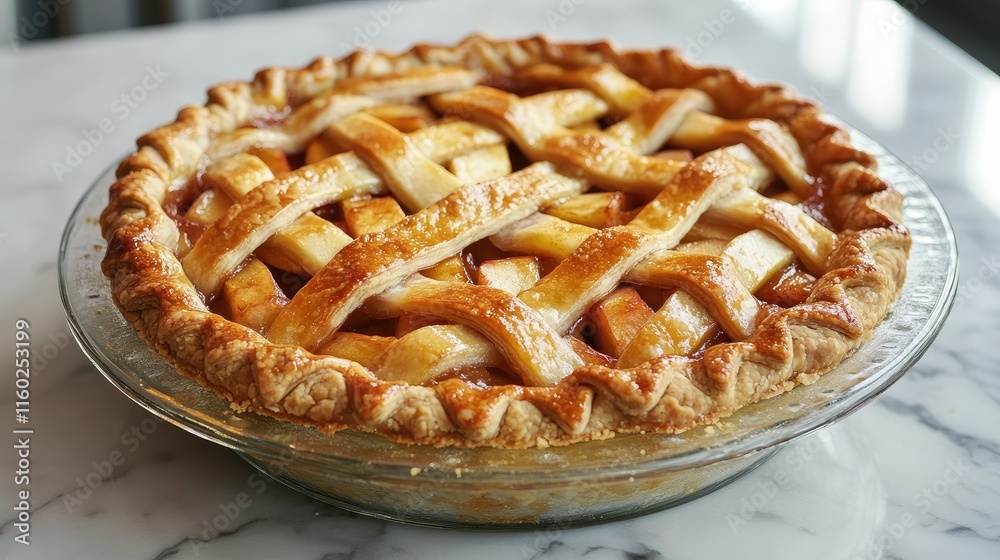 Delicious Lattice Topped Apple and Pear Pie Freshly Baked on a Marble Countertop Delicious Lattice Topped Apple and Pear Pie Freshly Baked on a Marble Countertop