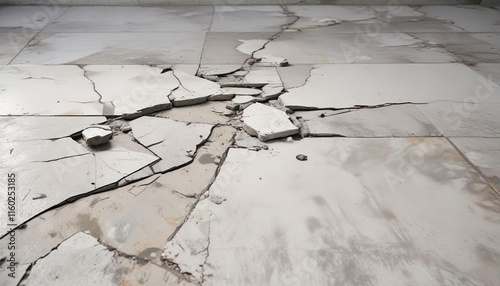 Close-up of broken white concrete floor with gray cracks, worn-down, shabby, rough texture, rustic, worn-out photo