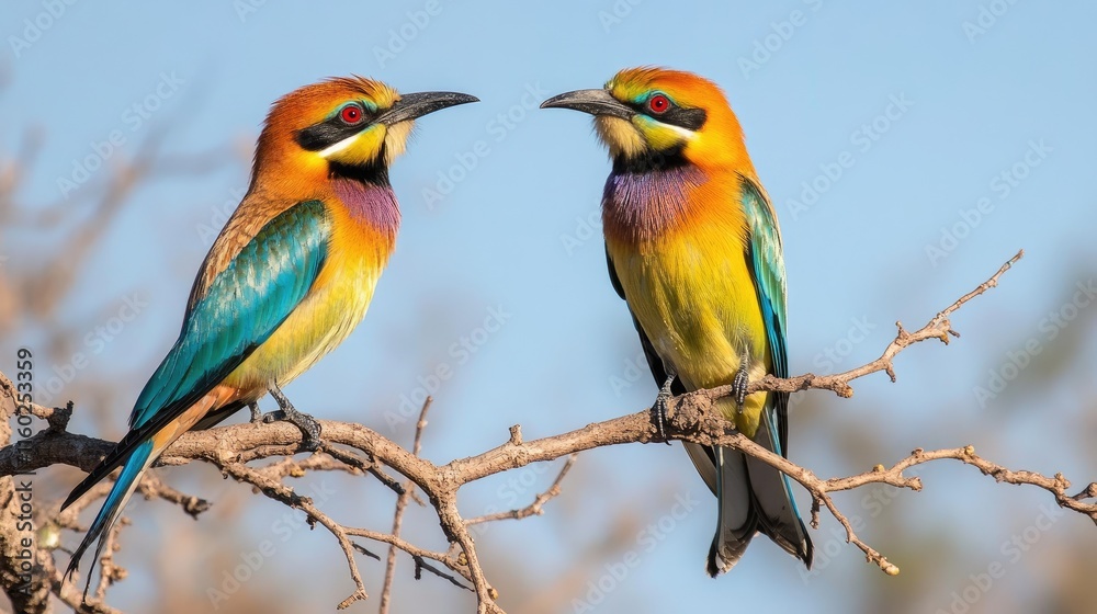Obraz premium Colorful birds perched on a branch in bright sunlight showcasing vibrant feathers in a serene natural setting