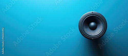 Top view of a black loudspeaker on a vibrant blue background with ample negative space for adding custom text or promotional content photo