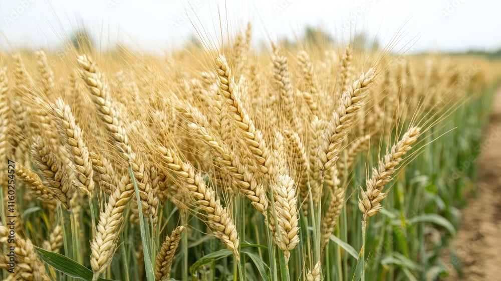 Ripening wheat field under a clear sky with a dirt road showcasing agriculture and cereal production in a rural landscape Ripening wheat field under a clear sky with a dirt road showcasing agriculture and cereal production in a rural landscape