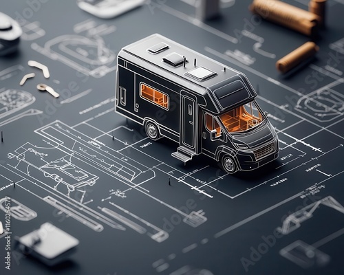 A blueprint of a minimalist RV with sleek interiors and foldout sleeping spaces photo