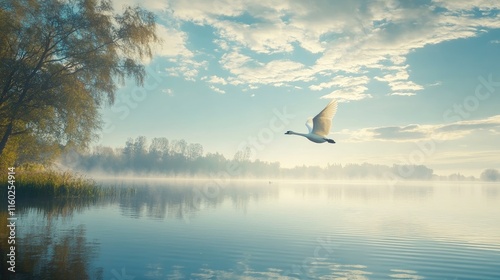 Fototapeta Naklejka Na Ścianę i Meble -  Graceful swan flying over a serene lake reflecting a peaceful morning sky and misty landscape