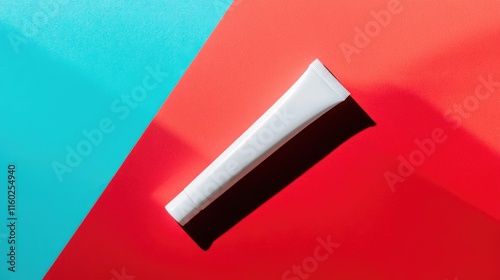 Dental Care Essentials Flat Lay Featuring White Toothbrush and Toothpaste Tube on Vibrant Background Promoting Oral Hygiene Awareness photo