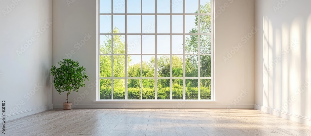 Fototapeta premium Spacious Modern Room with Large Window Bright Natural Light and Green View Ideal for Interior Design and Inspiration