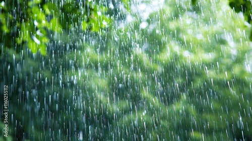 Raindrops falling in motion creating a soft blur against a vibrant green forest background during a refreshing rain shower