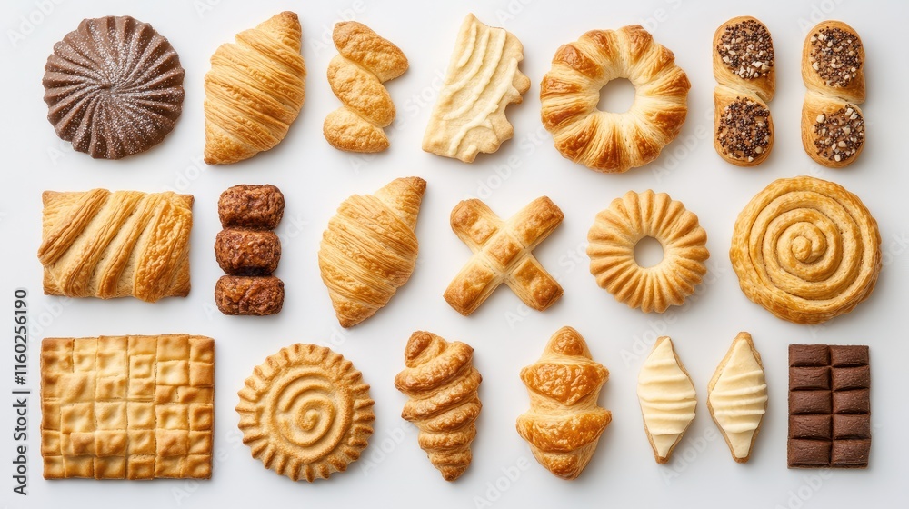Assorted sweet biscuits and French croissants displayed on a light background creating a tempting pastry assortment for culinary contexts. Assorted sweet biscuits and French croissants displayed on a light background creating a tempting pastry assortment for culinary contexts.