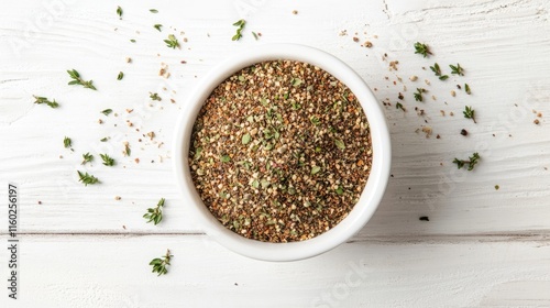Fototapeta Naklejka Na Ścianę i Meble -  Herb and spice seasoning blend in a white bowl on a rustic wooden surface scattered with herbs and spices