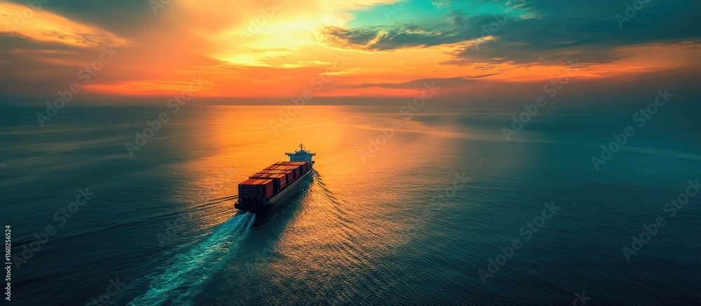 Naklejka premium Cargo ship transporting diverse containers across tranquil ocean waters during a vibrant sunset with ample space for text overlay
