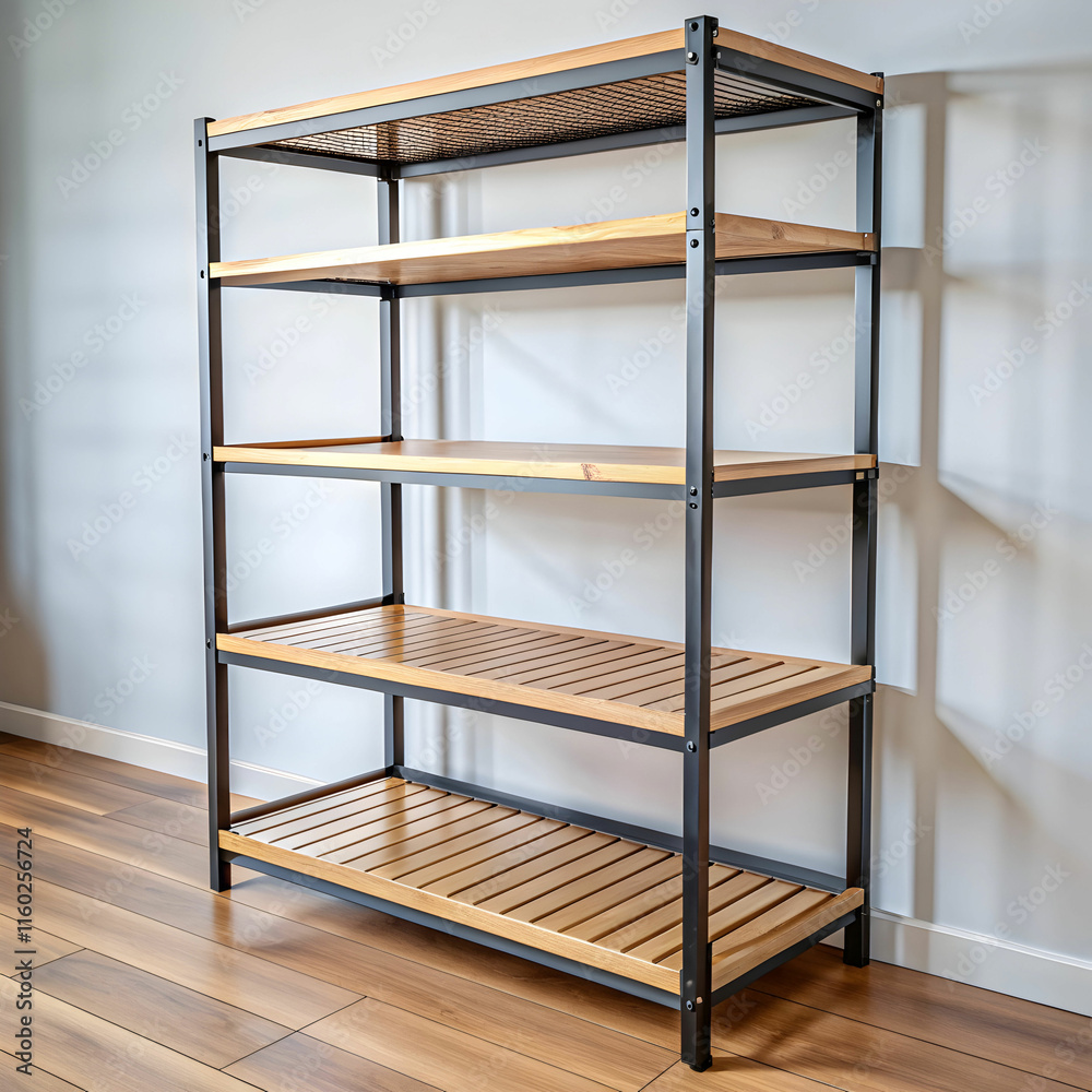 Fototapeta premium A sturdy metal rack featuring wooden shelves, combining industrial and rustic design elements,