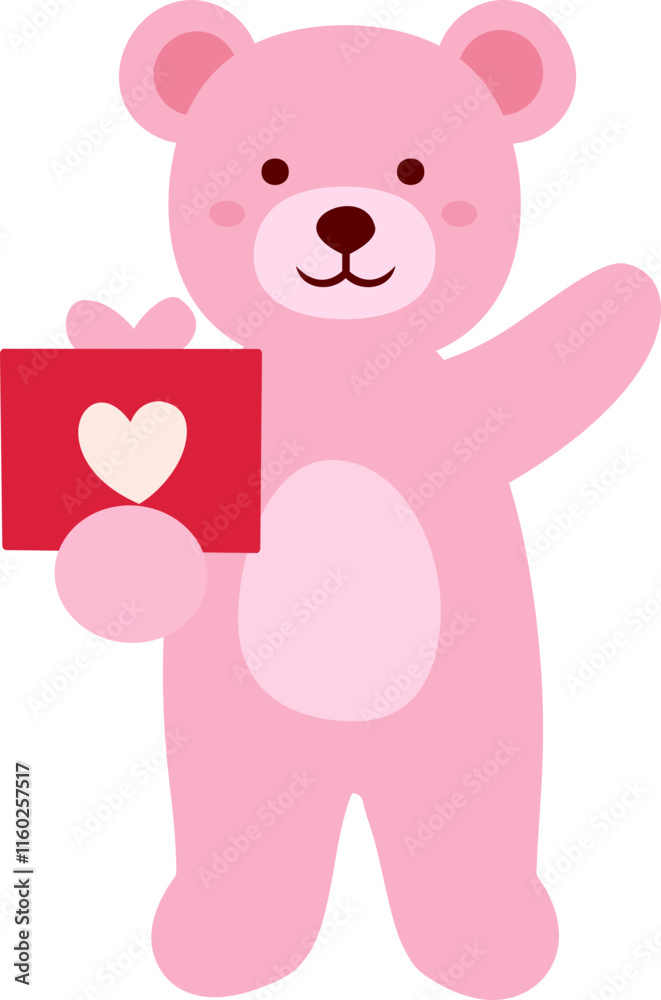 Obraz premium Cute little teddy bear holding a gift box valentine Vector Pink bear holding a gift box flat vector illustration. For celebrating Valentine's Day, wedding or birthday. Isolated Valentine's Day icon e