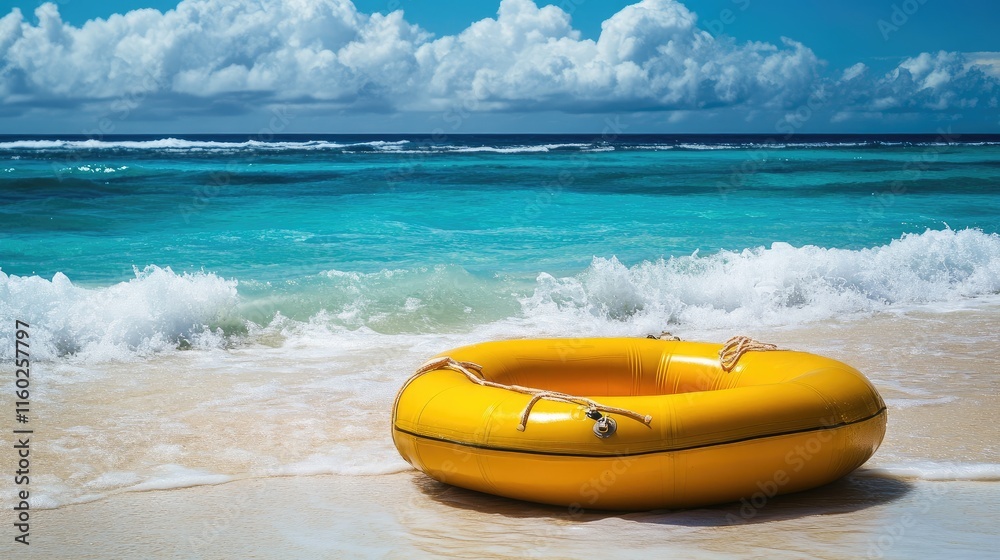Vibrant Yellow Inflatable Boat Resting on Sandy Beach with Crystal Clear Ocean Waves and Dramatic Cloudy Sky in the Background