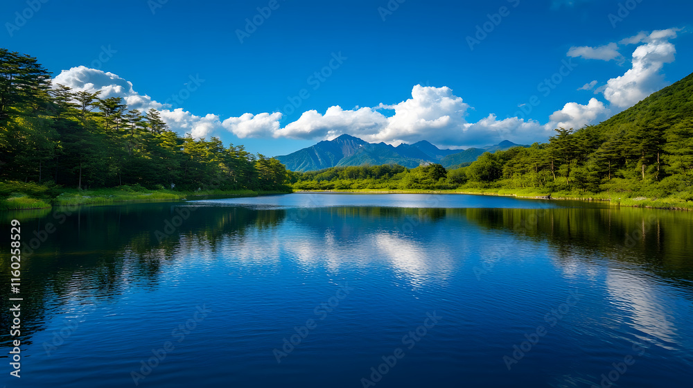Stunning Mountain Lake with Forests and Blue Sky in Summer : Generative AI Stunning Mountain Lake with Forests and Blue Sky in Summer : Generative AI