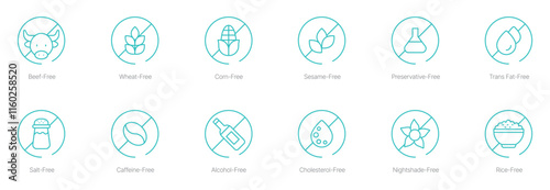 Beef-Free, Wheat-Free, Corn-Free, Sesame-Free, Preservatives-Free, Trans Fat-Free, Salt-Free, Caffeine-Free, Alcohol-Free, Cholesterol-Free, Nightshade-Free, and Rice-Free Vector Icon Set for Healthy 