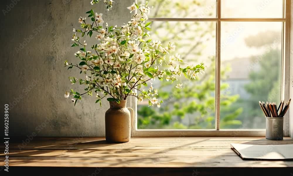 Springtime Workspace by the Window with Blossoms, Books, and Sketchbook