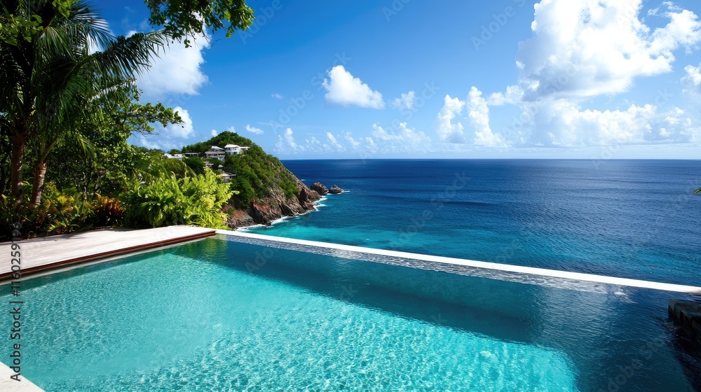 Fototapeta premium Tropical Coastal Villa with Infinity Pool Overlooking Serene Ocean and Lush Greenery in a Luxury Lifestyle Setting