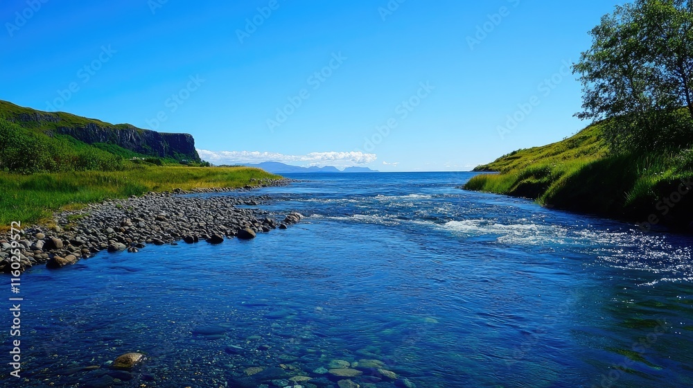 Obraz premium Serene river meanders through lush greenery under a clear blue sky with the vast sea in the background