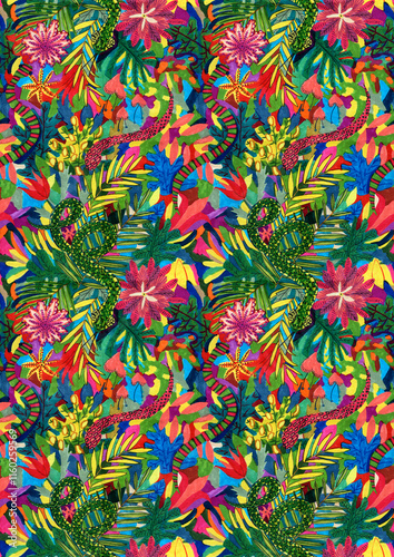 Illustration of a tropical jungle design with snakes for children's clothing and textiles. Hand-drawn with markers and felt-tip pens.