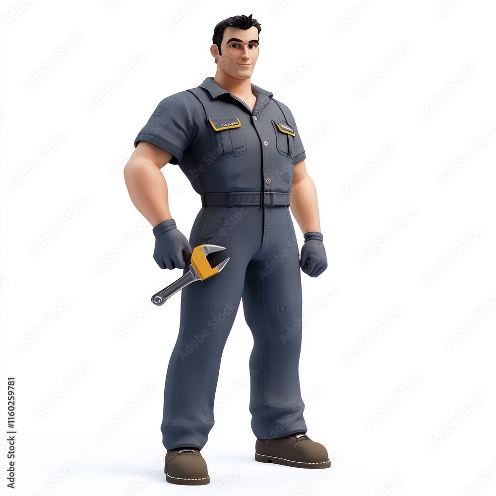 A mechanic with a wrench, wearing a jumpsuit. vector style art 3d illustration Isolated on White Background A mechanic with a wrench, wearing a jumpsuit. vector style art 3d illustration Isolated on White Background