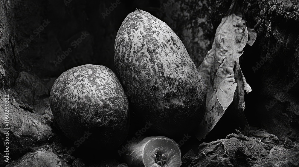 Obraz premium Surreal monochrome still life featuring sweet potatoes and natural elements emphasizing texture and contrast in a creative grayscale setting