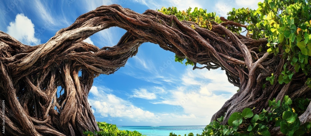 Fototapeta premium Caribbean Coastal Landscape Featuring Unique Branch Structure with Open Space for Text and Lush Greenery Under a Bright Sky